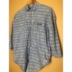 TOMMY JEANS Vintage 1985 Blue washed denim Shirt Logo Letters All Over Size XXS